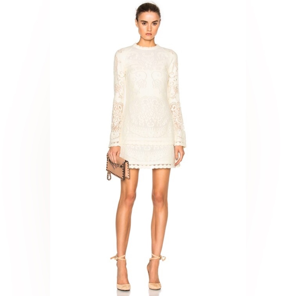 SEE BY CHLOE Long-Sleeve Tiered Pointelle Mini Dress, Off White - size 40